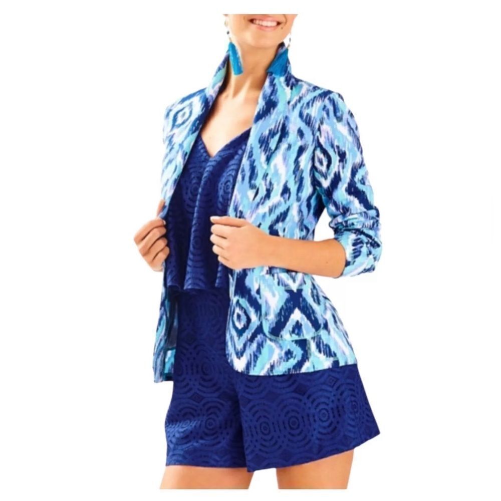 LILLY PULITZER Mindy Shawl Cardigan Blazer Blue Swish Skipped A Beach Allover